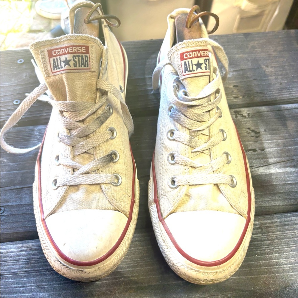 White Converse with a worn look  womens size 9.5 good condition ready to wear